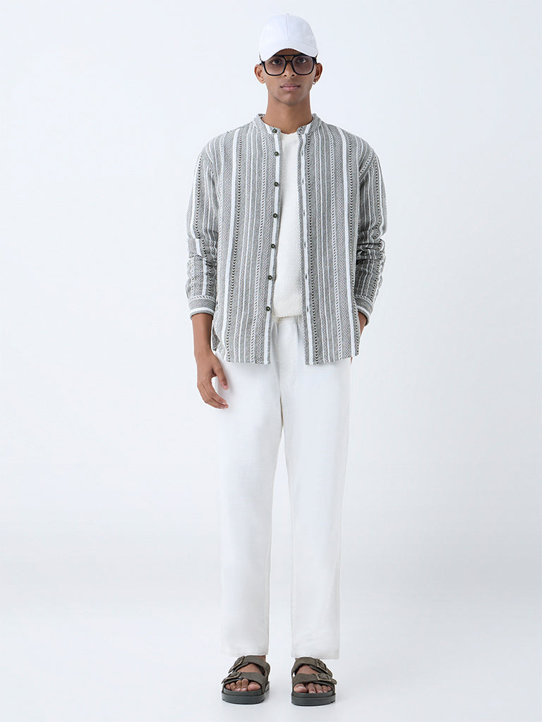 Westside ETA Men's Olive Stripe Relaxed-Fit Cotton Shirt for Casual Wear Full View