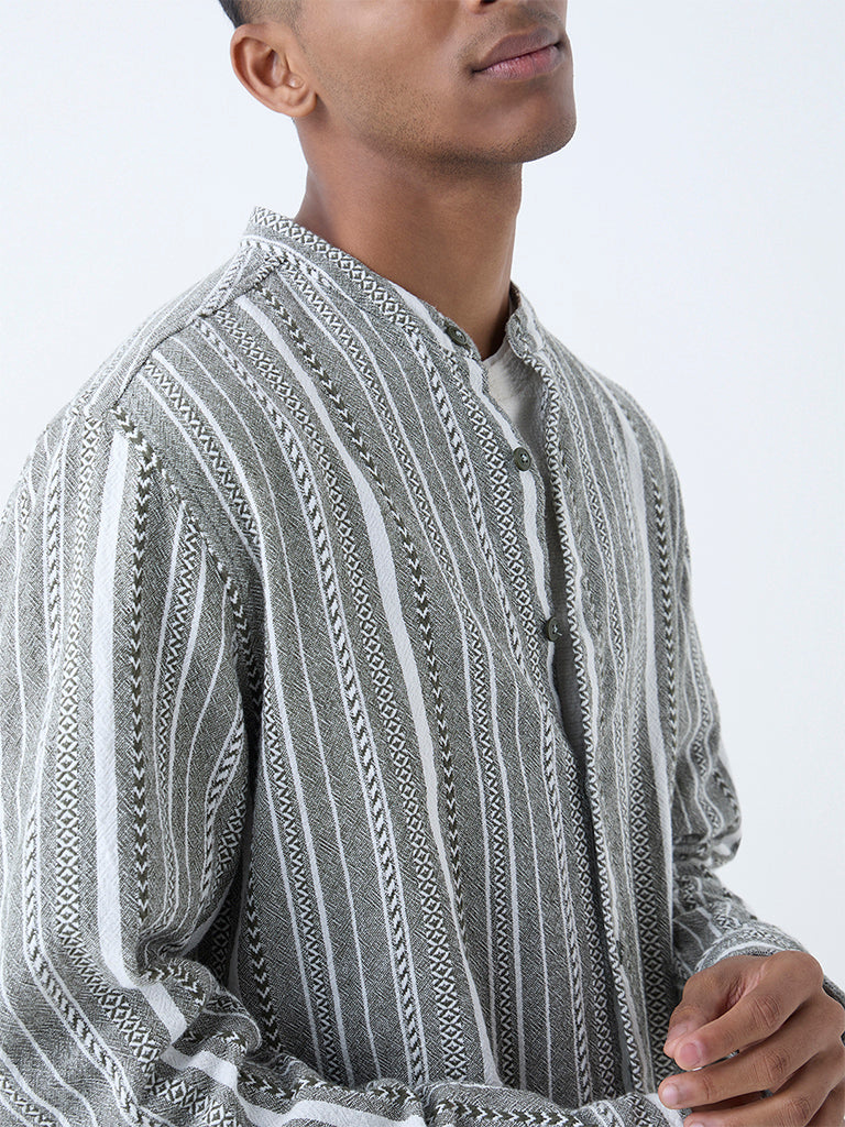 Westside ETA Men's Olive Stripe Relaxed-Fit Cotton Shirt for Casual Wear Zoomed View