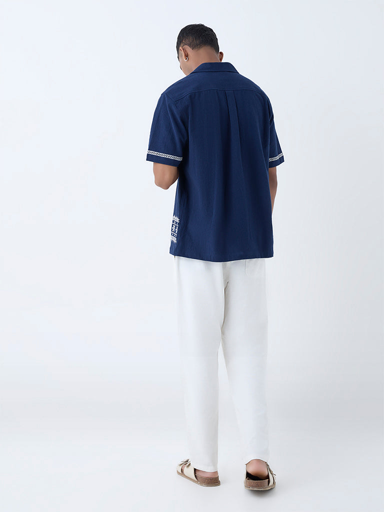 ETA Navy Embroidered Relaxed-Fit Cotton Shirt