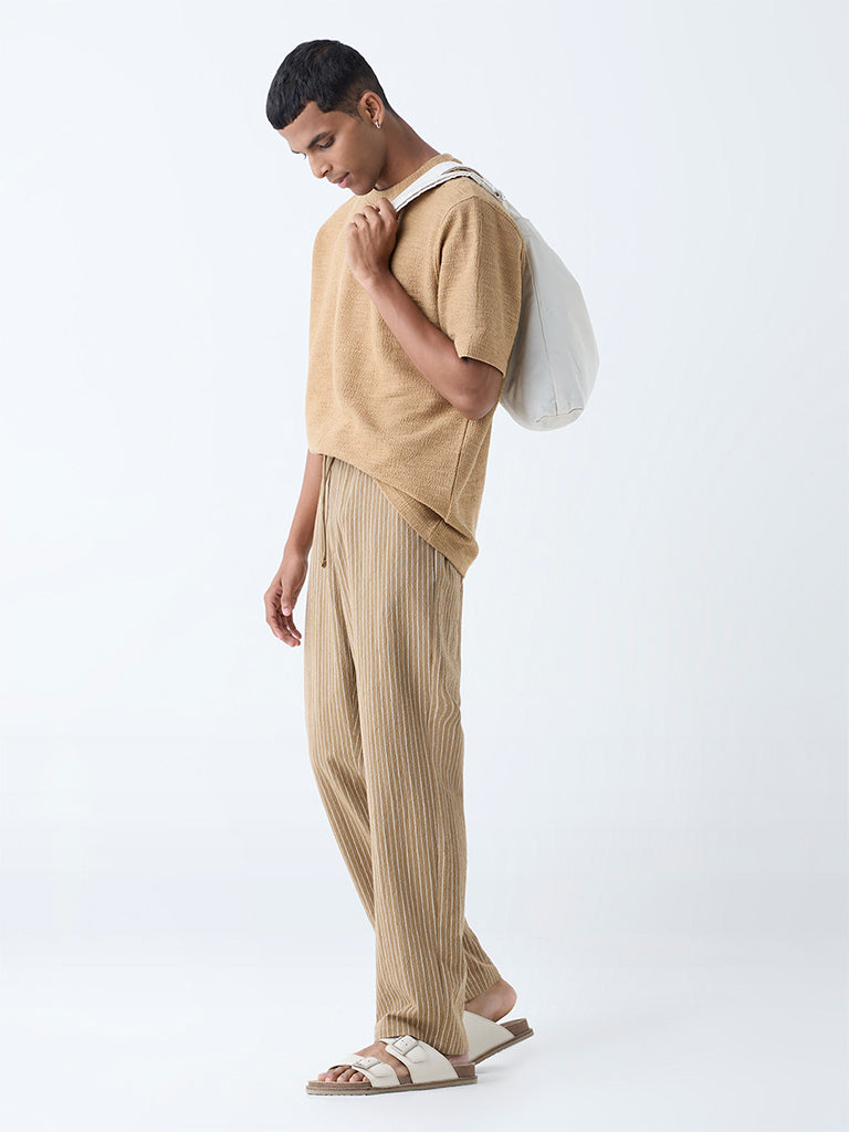 Westside ETA Men's Brown Self-Textured Relaxed-Fit Cotton-Blend T-Shirt for Casual Wear Full View