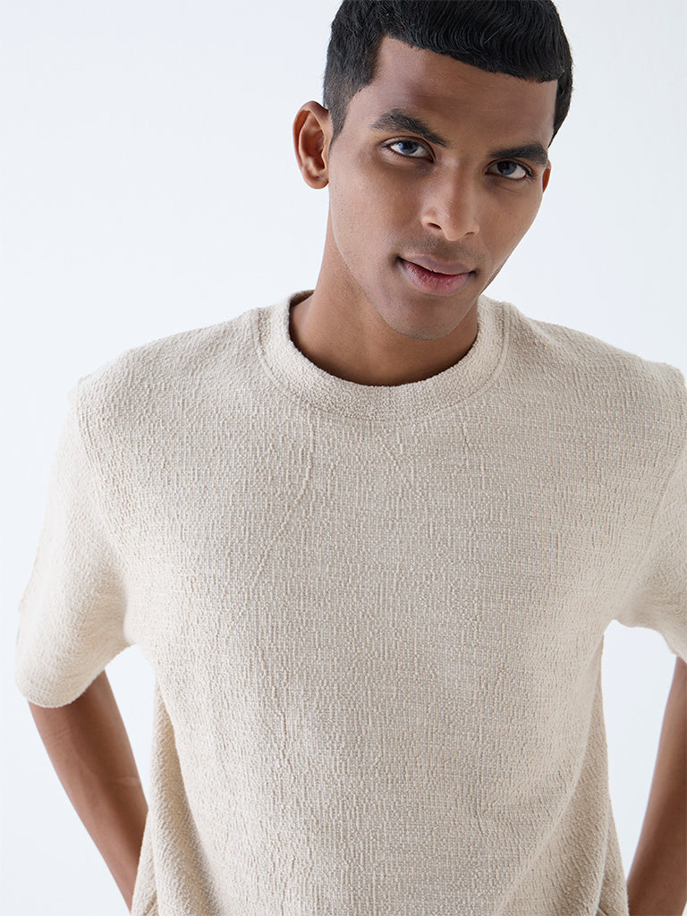 Westside ETA Men's Beige Self-Textured Relaxed-Fit Cotton-Blend T-Shirt for Casual Wear Zoomed View