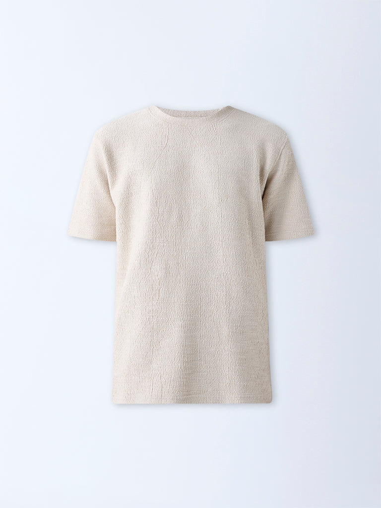 Westside ETA Men's Beige Self-Textured Relaxed-Fit Cotton-Blend T-Shirt for Casual Wear Flatly