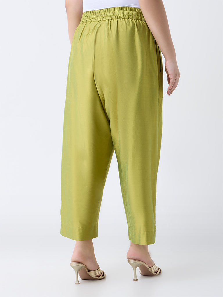Westside Diza Women's Lime Solid Ethnic Pants for Work Wear Back View