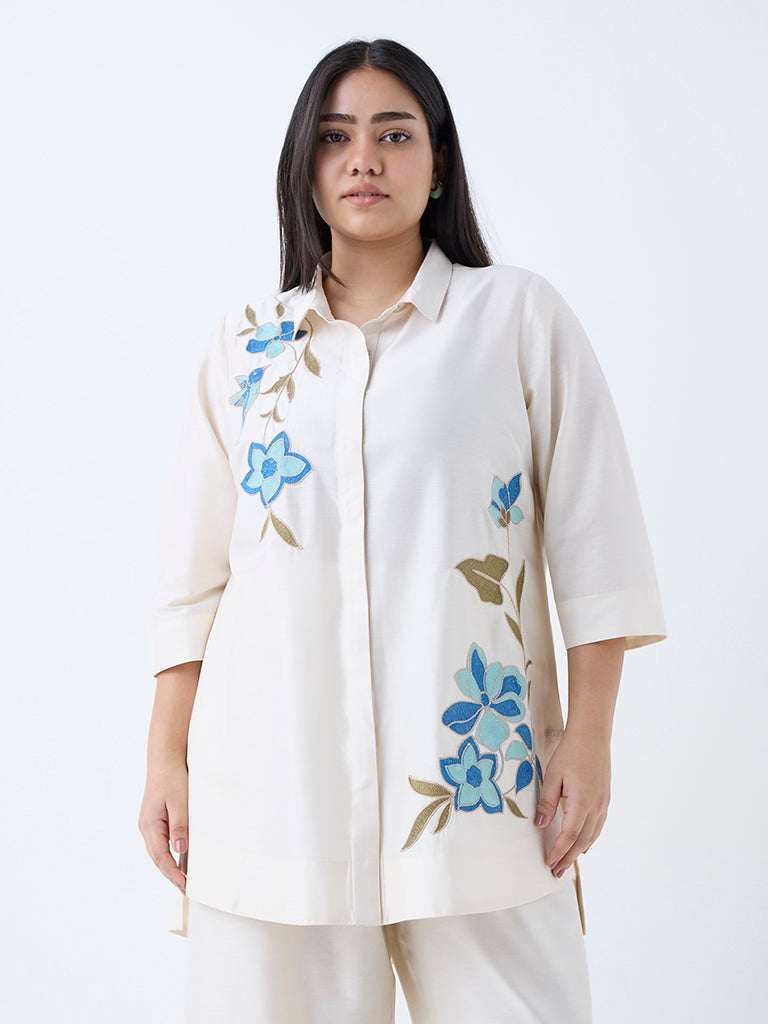Westside Diza Women's Off-White Floral Embroidered Tunic for Work Wear Front view