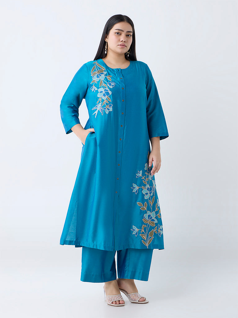 Westside Diza Women's Teal Floral Embroidered A-Line Kurta for Work Wear Front view