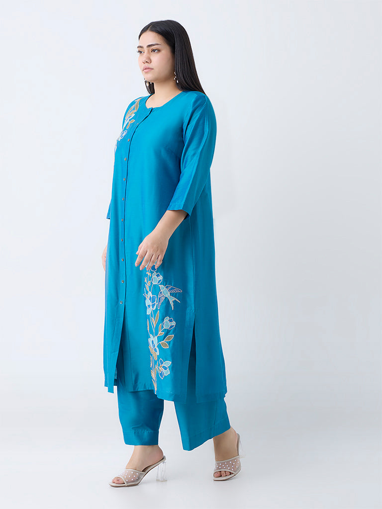 Westside Diza Women's Teal Floral Embroidered A-Line Kurta for Work Wear Full View