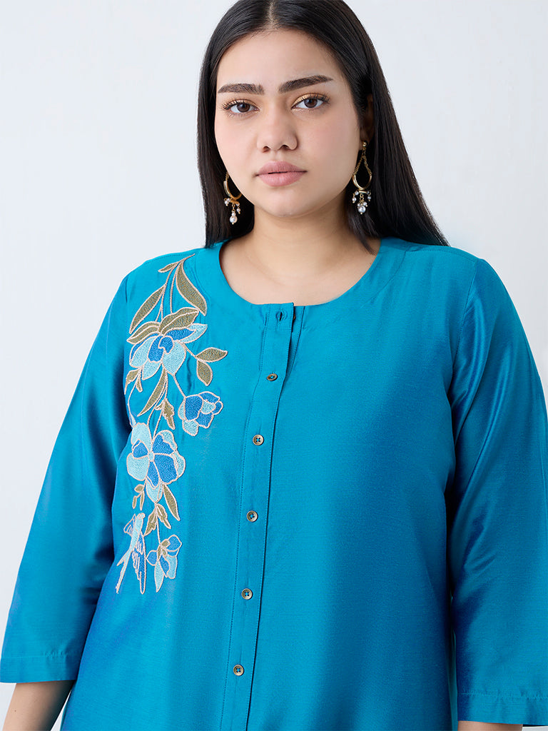 Westside Diza Women's Teal Floral Embroidered A-Line Kurta for Work Wear Zoomed View