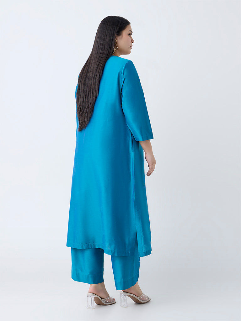 Westside Diza Women's Teal Floral Embroidered A-Line Kurta for Work Wear Back View