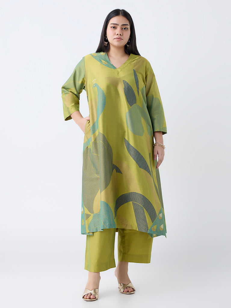 Westside Diza Women's Lime Botanical Design A-Line Kurta for Work Wear Front view