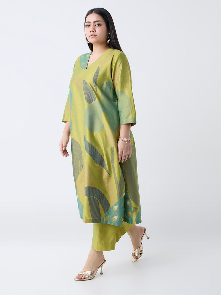 Westside Diza Women's Lime Botanical Design A-Line Kurta for Work Wear Full View