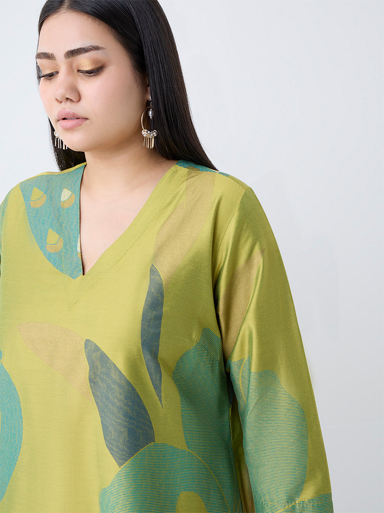 Westside Diza Women's Lime Botanical Design A-Line Kurta for Work Wear Zoomed View