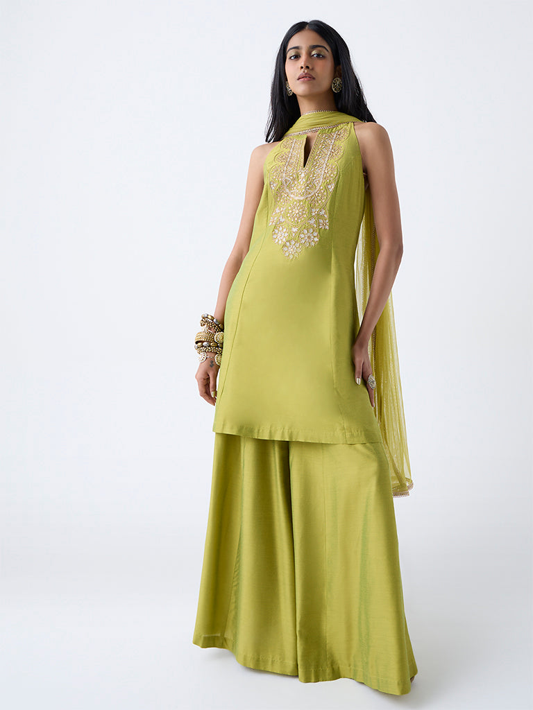 Vark Lime Floral Embroidered A-Line Ethnic Set