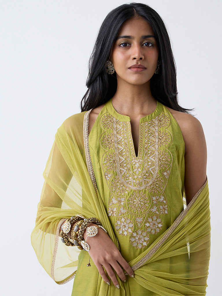 Vark Lime Floral Embroidered A-Line Ethnic Set