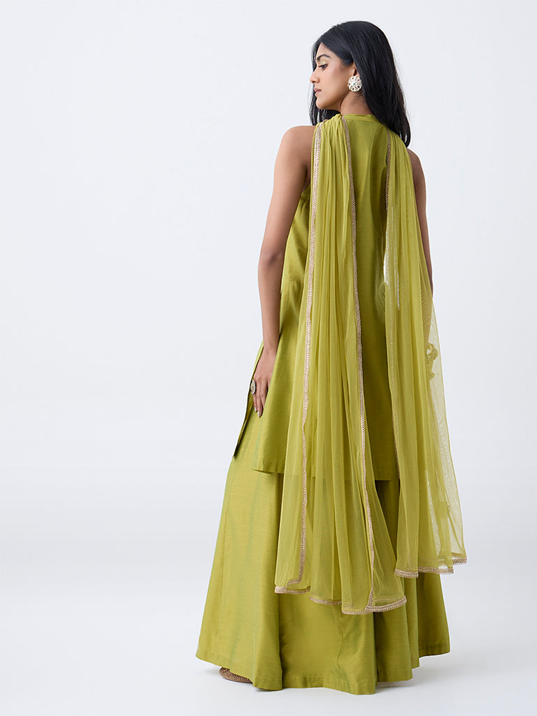Vark Lime Floral Embroidered A-Line Ethnic Set