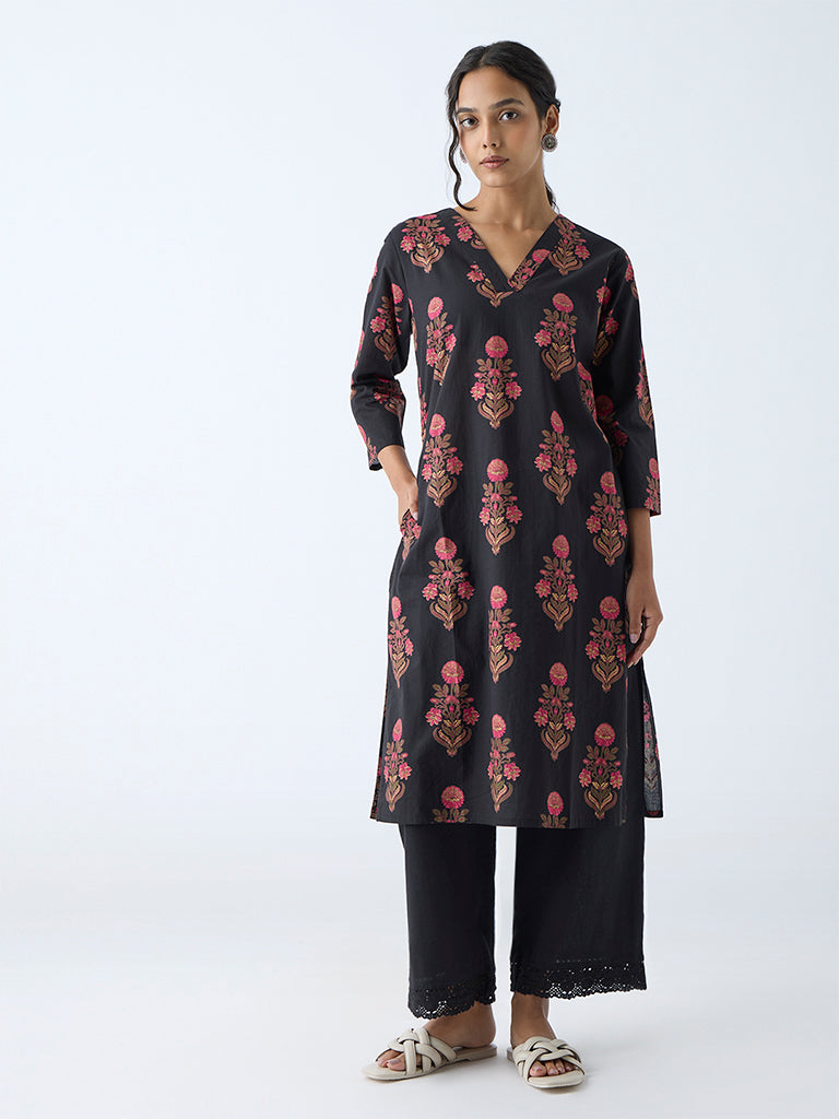 Westside Utsa Women's Black Floral Detailed Straight Cotton Kurta for Everyday Full View