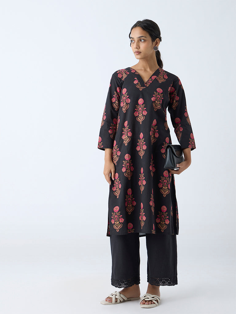 Westside Utsa Women's Black Floral Detailed Straight Cotton Kurta for Everyday Front View