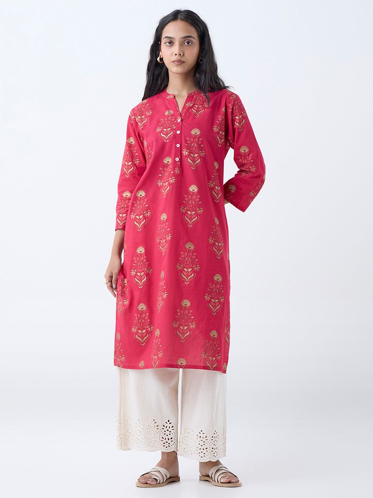 Utsa Coral Floral Design Straight Cotton Kurta