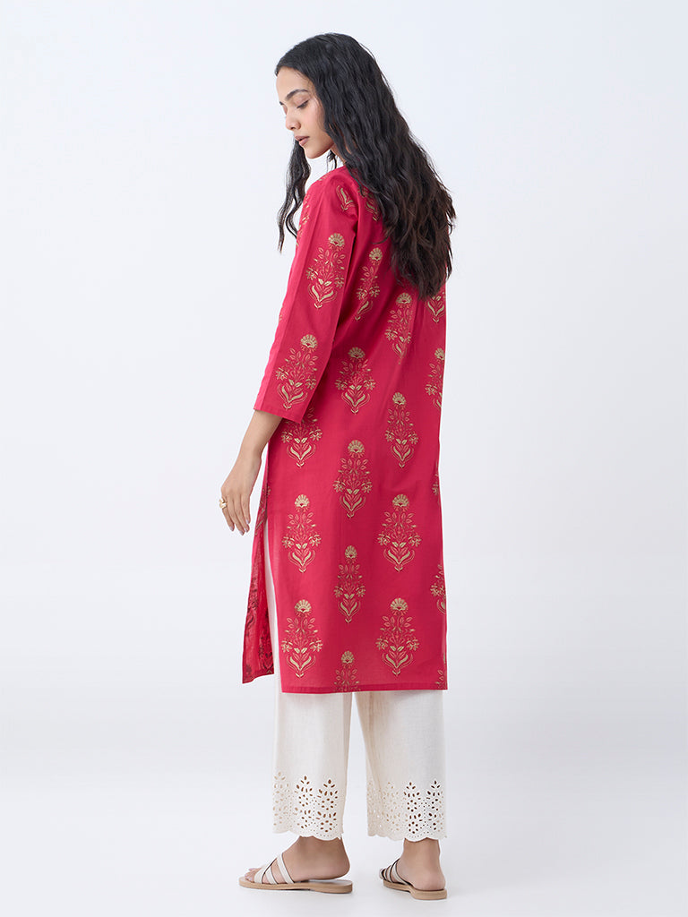 Utsa Coral Floral Design Straight Cotton Kurta