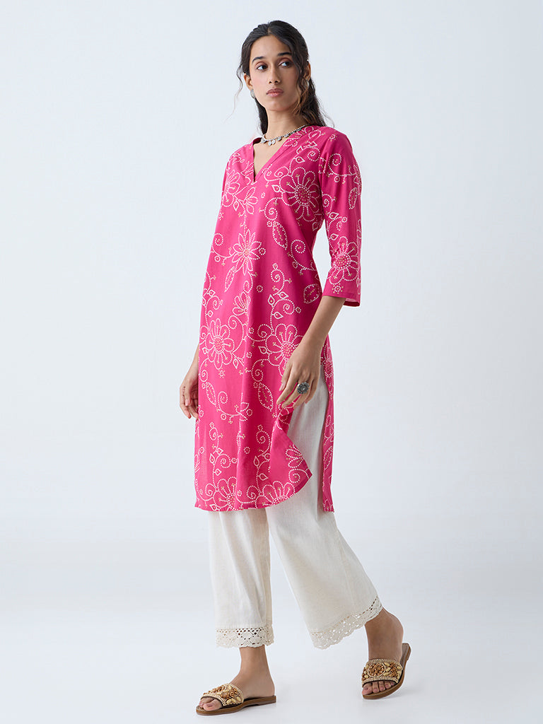 Buy Utsa Pink Bandhani Floral Pattern Straight Cotton Kurta