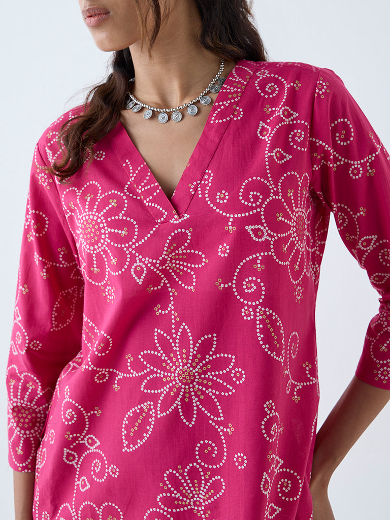 Buy Utsa Pink Bandhani Floral Pattern Straight Cotton Kurta