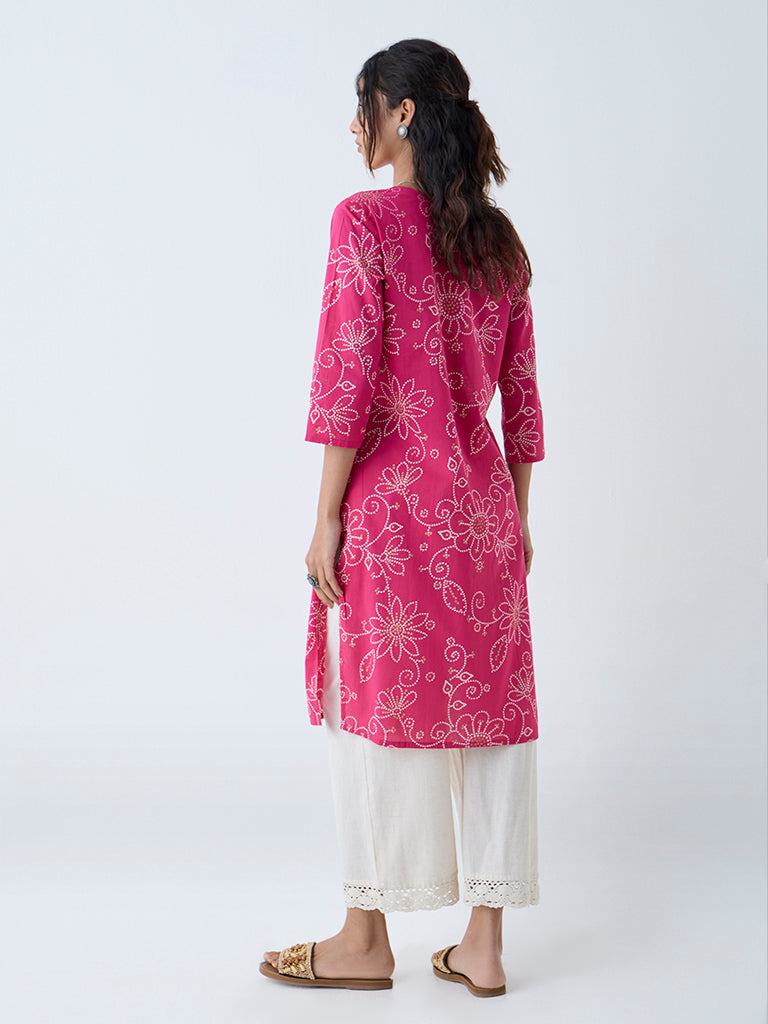 Westside Utsa Women's Pink Bandhani Floral Pattern Straight Cotton Kurta for Everyday Back View