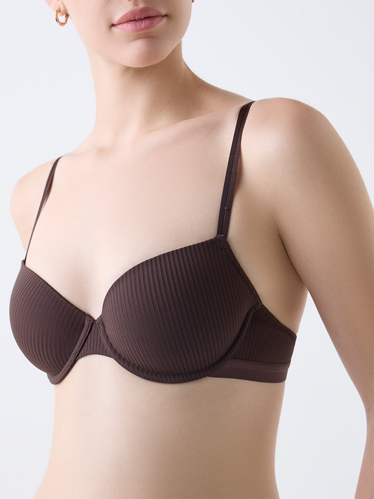 Wunderlove Brown Self-Striped Underwired Bra