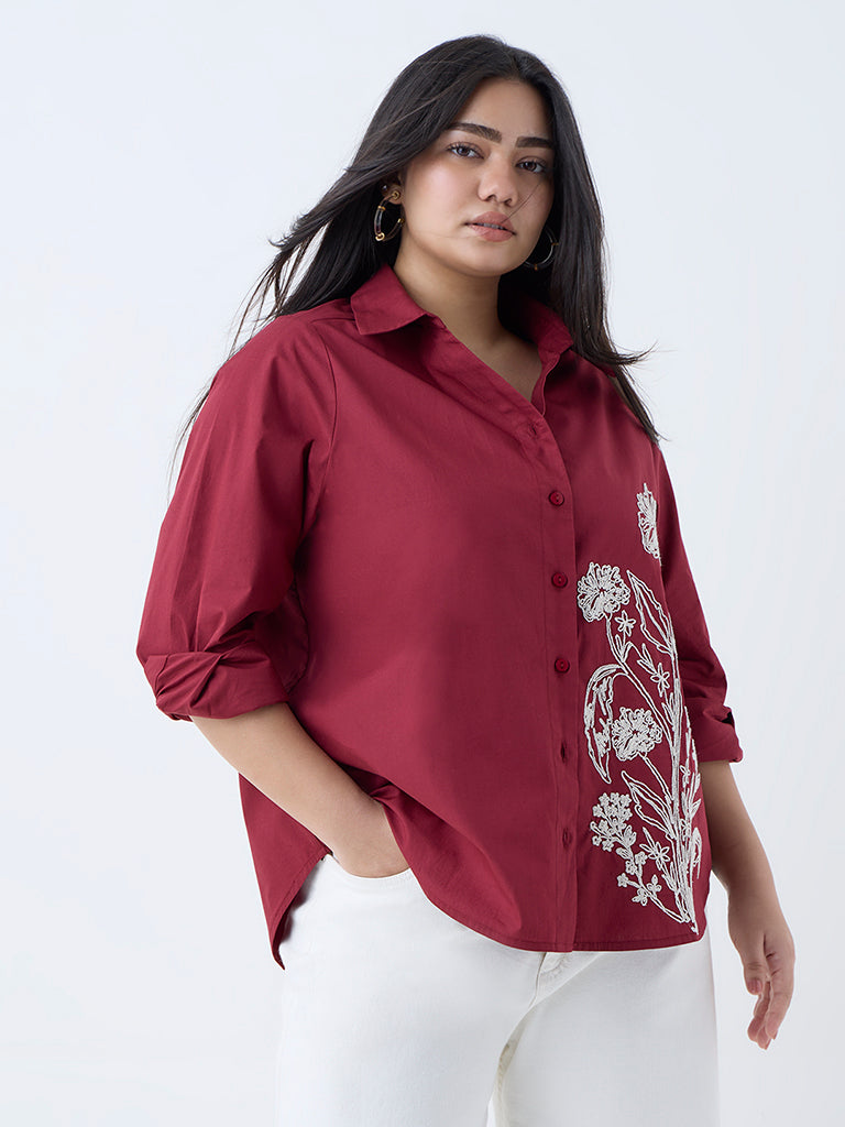 Westside Gia Women's Maroon Floral Embroidered Cotton Shirt for Casual Wear Front View
