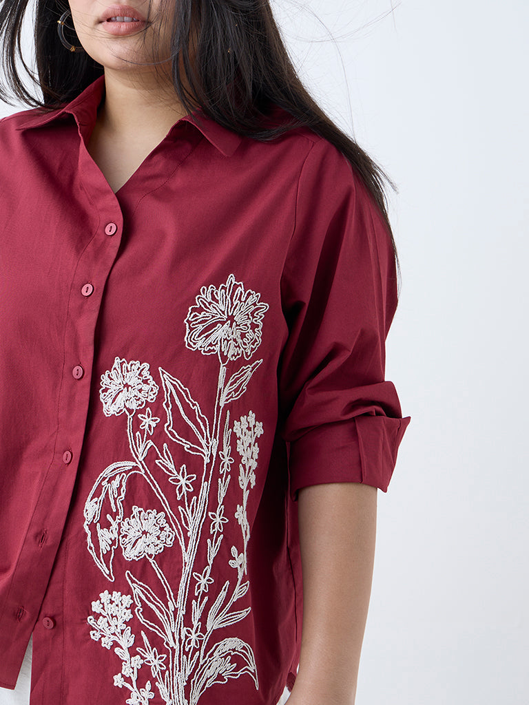 Westside Gia Women's Maroon Floral Embroidered Cotton Shirt for Casual Wear Zoomed View