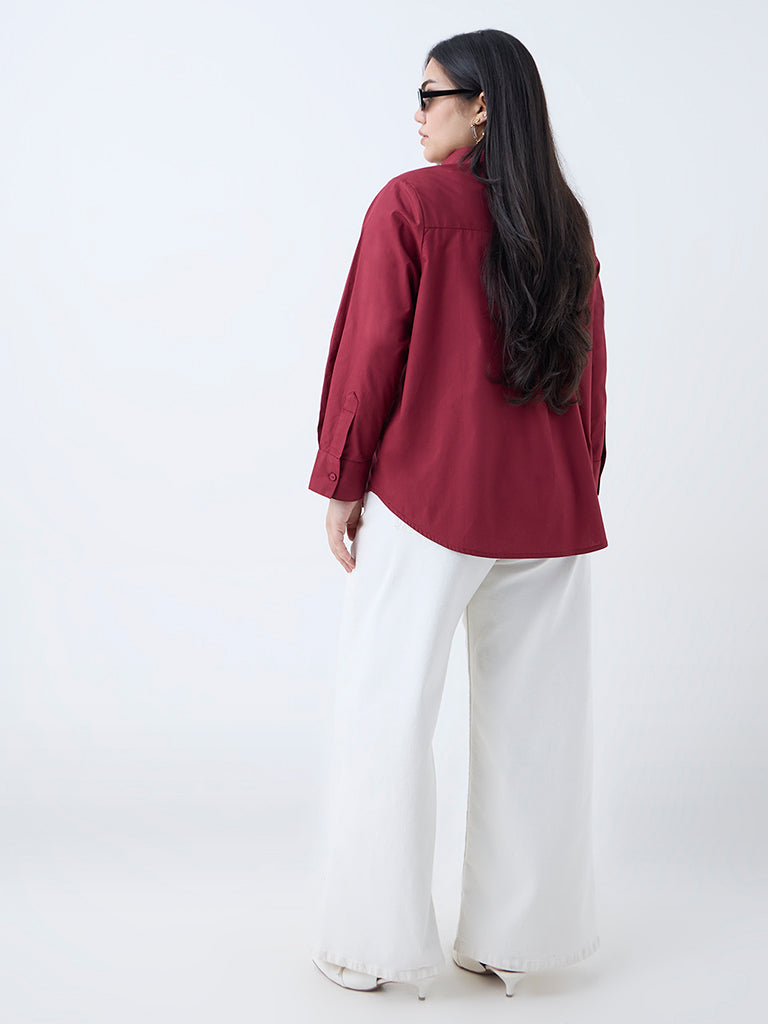 Westside Gia Women's Maroon Floral Embroidered Cotton Shirt for Casual Wear Back View