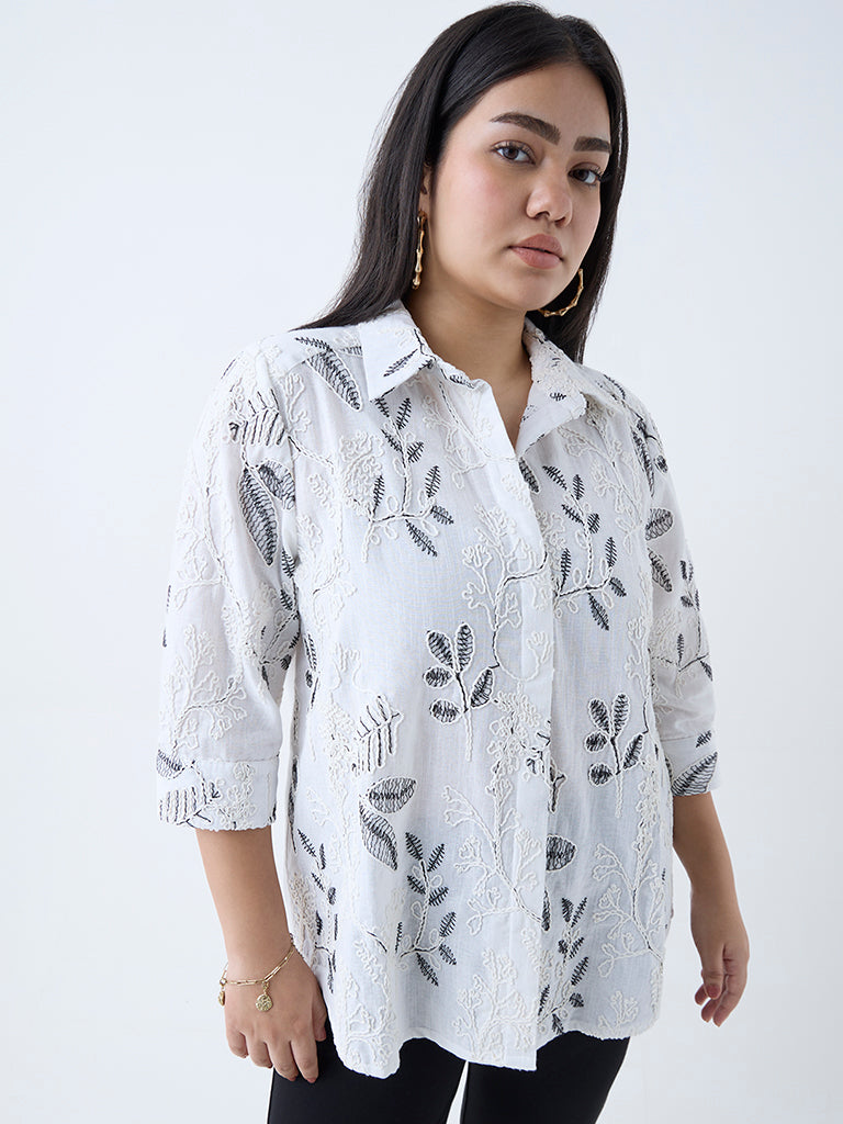 Gia White Floral Embroidered Cotton Shirt