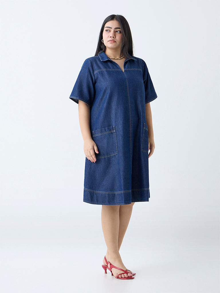 Westside Gia Women's Dark Blue Denim A-Line Dress for Casual Wear Full View