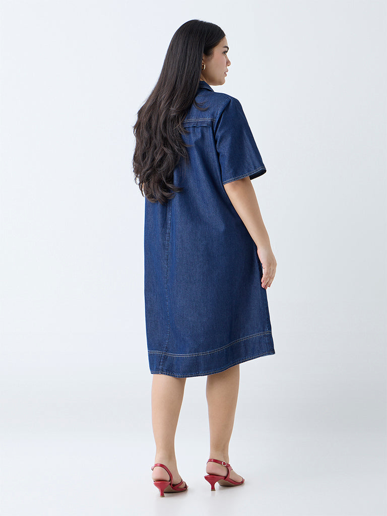 Westside Gia Women's Dark Blue Denim A-Line Dress for Casual Wear Back View