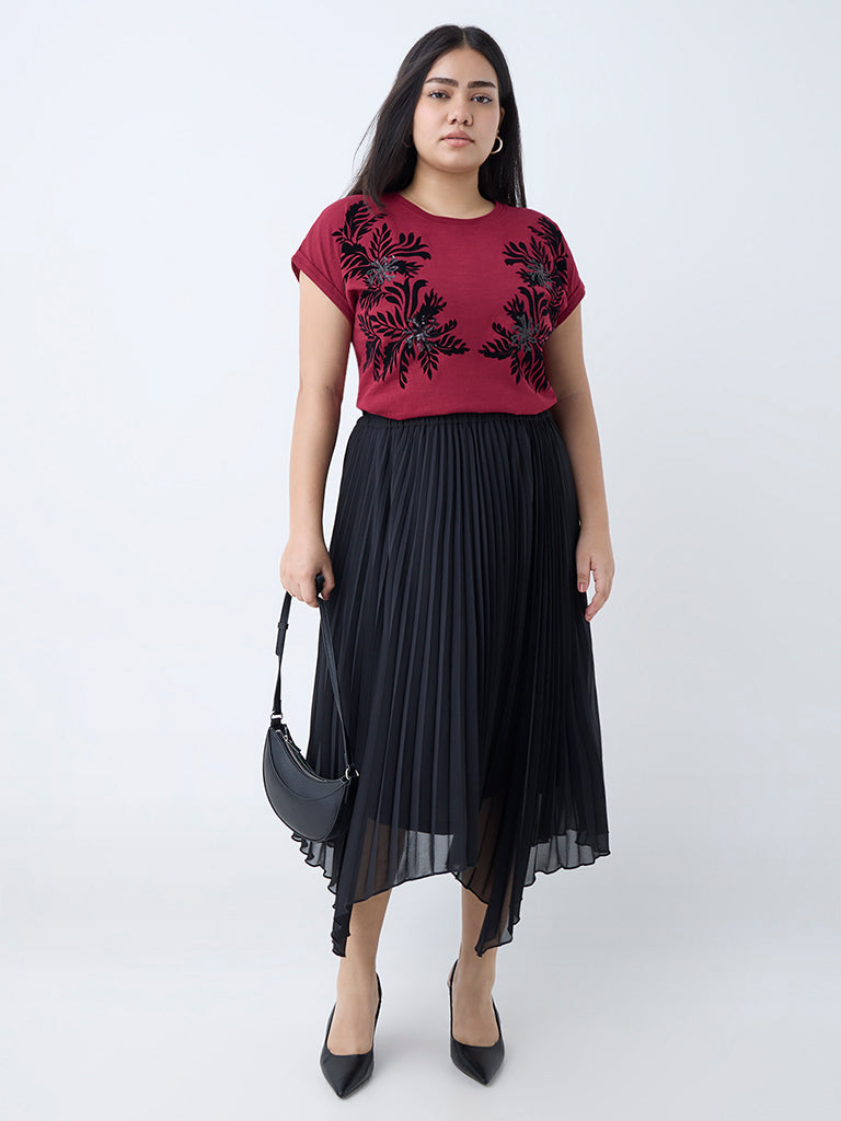 Gia Maroon Floral Pattern Cotton T-Shirt