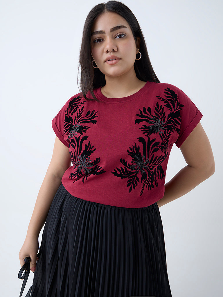 Gia Maroon Floral Pattern Cotton T-Shirt