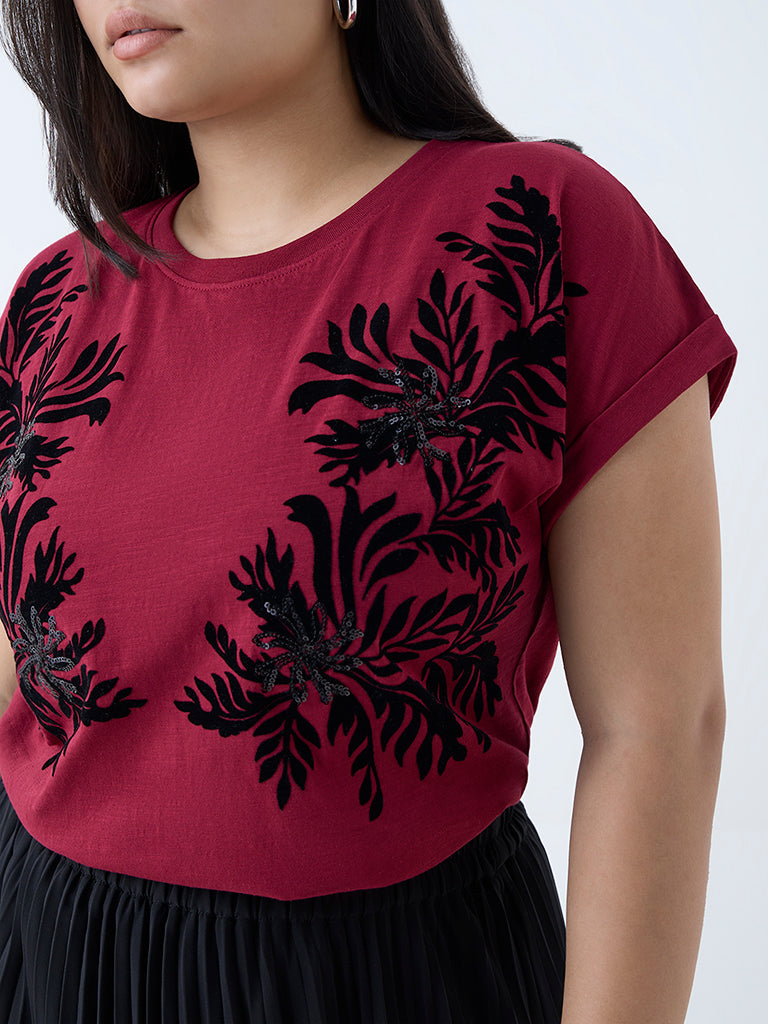 Gia Maroon Floral Pattern Cotton T-Shirt