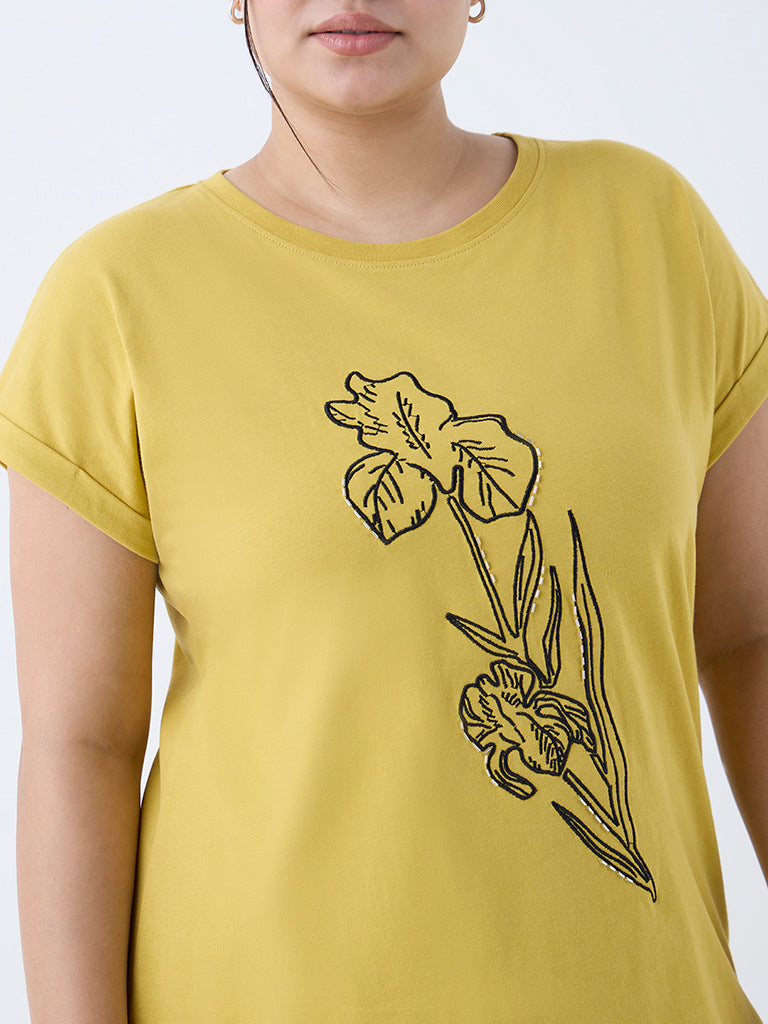 Gia Mustard Foliage Printed Cotton T-Shirt