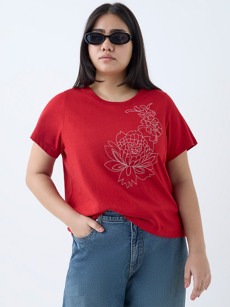 Gia Red Floral Embroidered Cotton T-Shirt