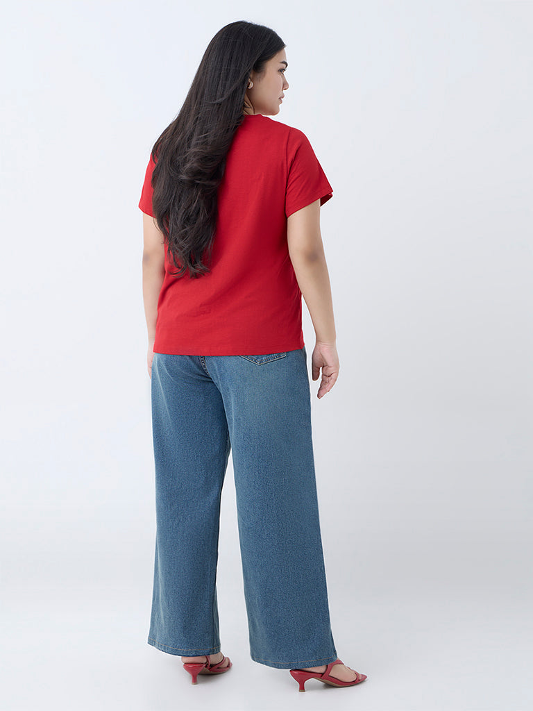 Gia Red Floral Embroidered Cotton T-Shirt