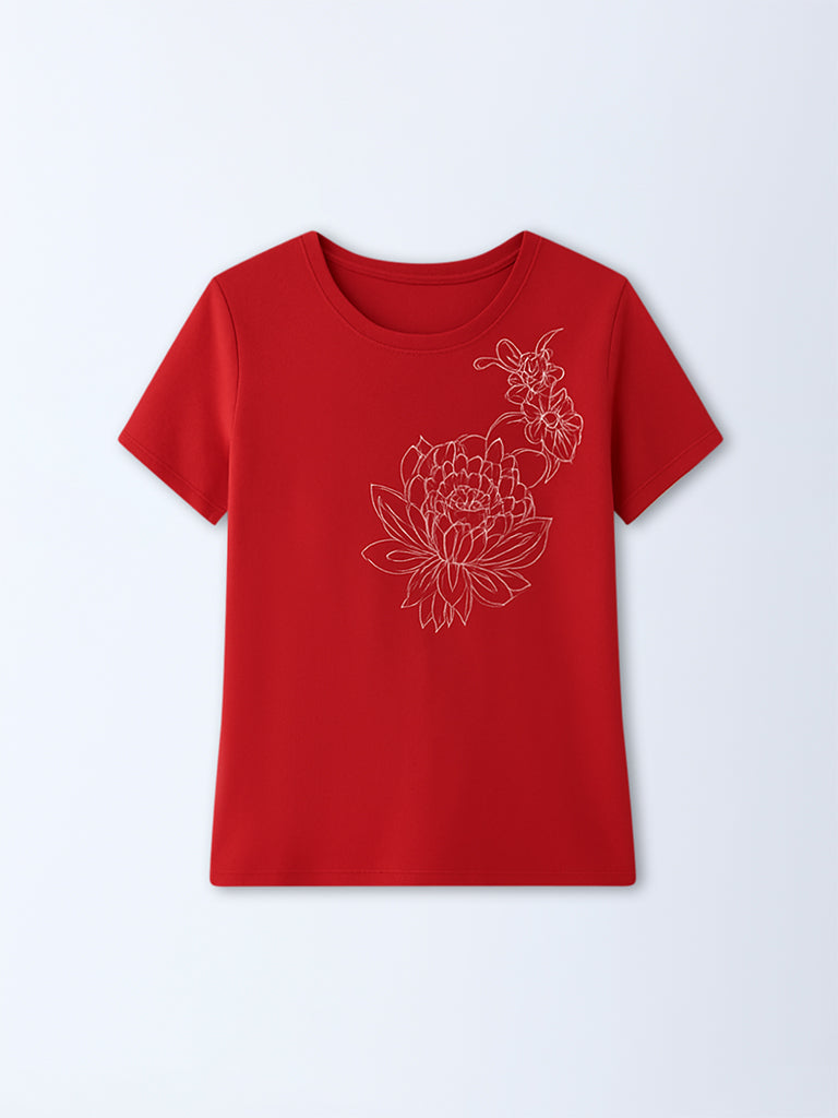 Gia Red Floral Embroidered Cotton T-Shirt