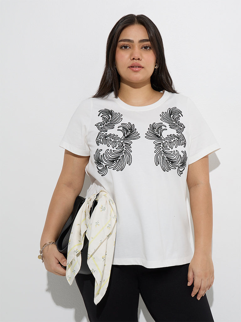 Westside Gia Women's White Leaf Design Cotton T-Shirt for Casual Wear Front View