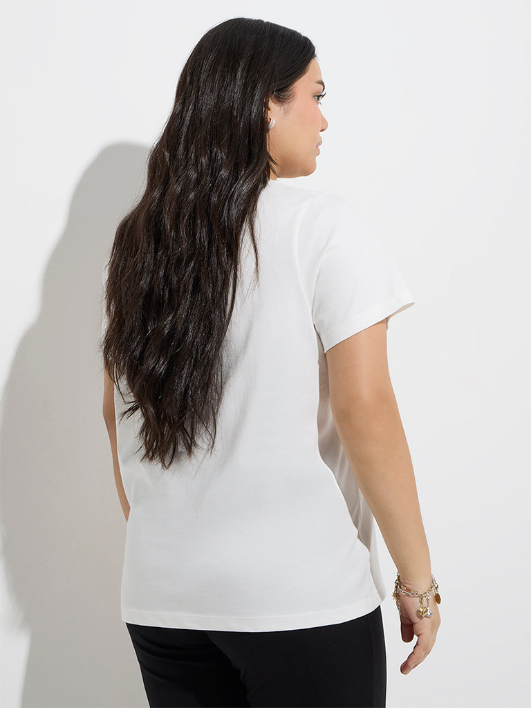 Westside Gia Women's White Leaf Design Cotton T-Shirt for Casual Wear Back View