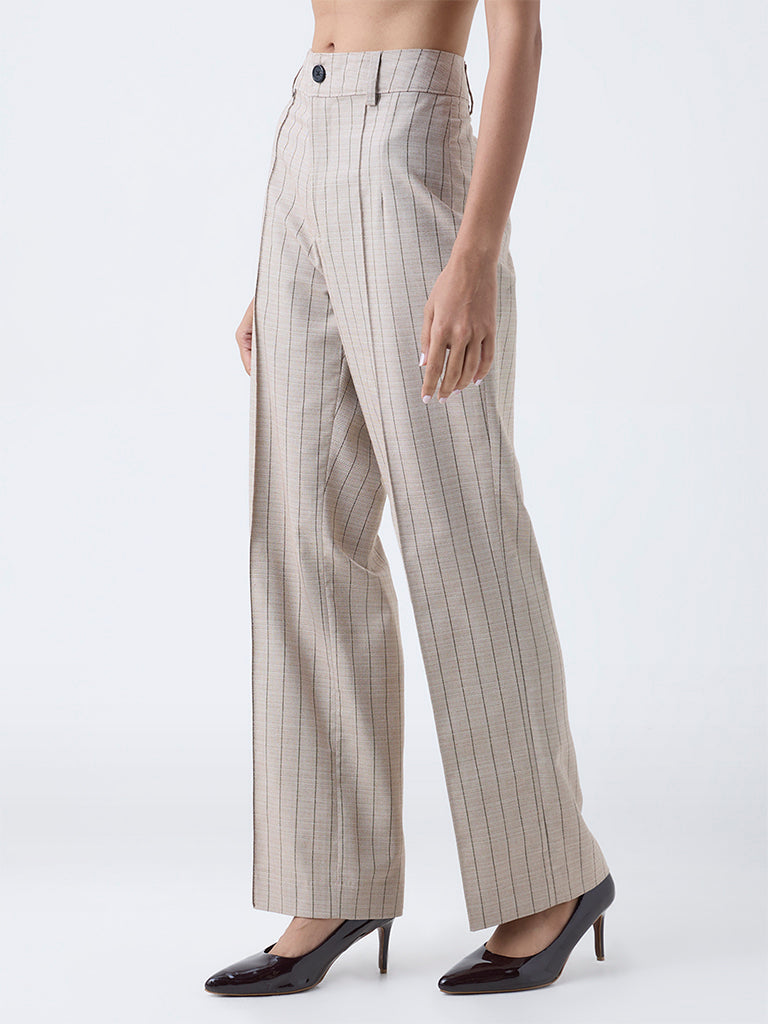 Wardrobe Beige Striped High-Rise Trousers