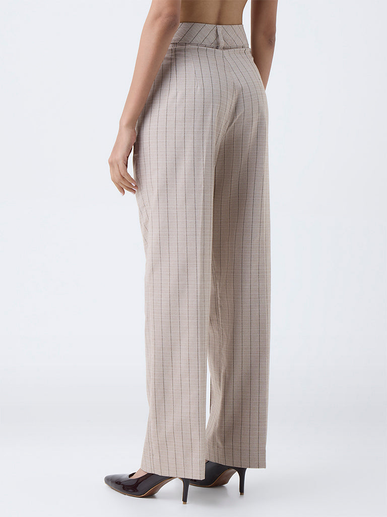 Wardrobe Beige Striped High-Rise Trousers
