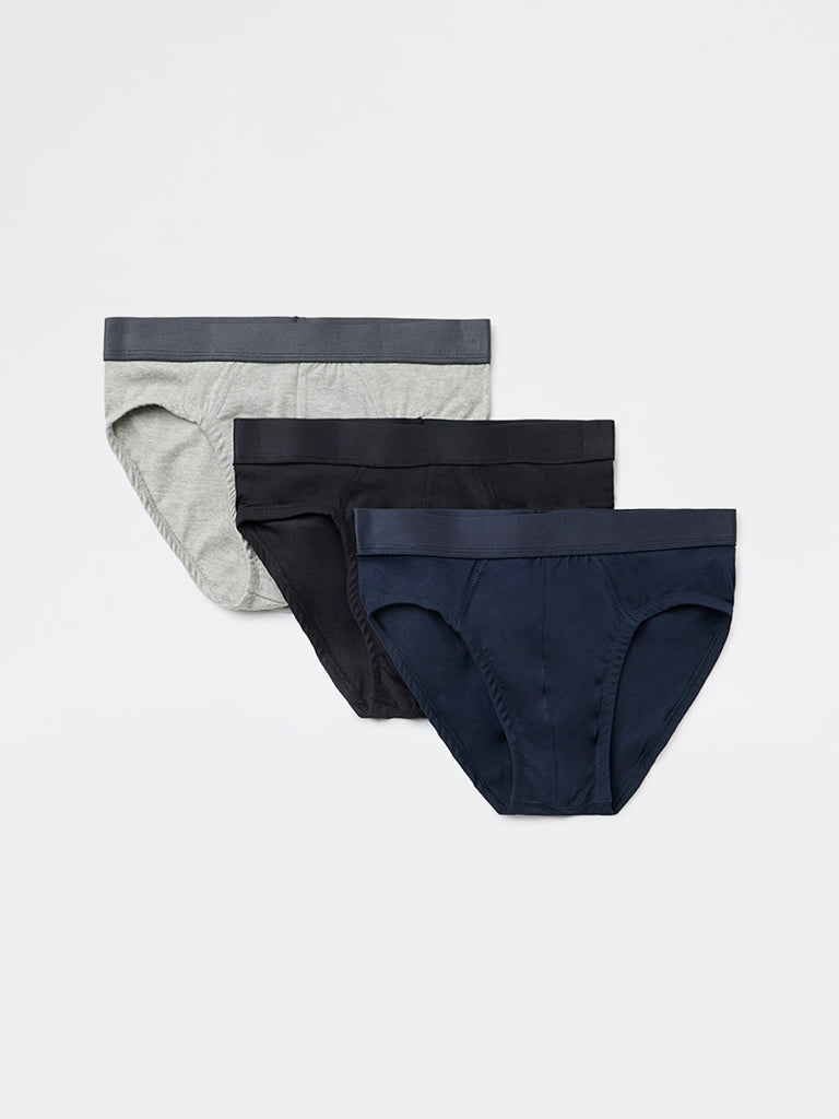 WES Lounge Navy Solid Cotton-Blend Briefs - Pack of 3