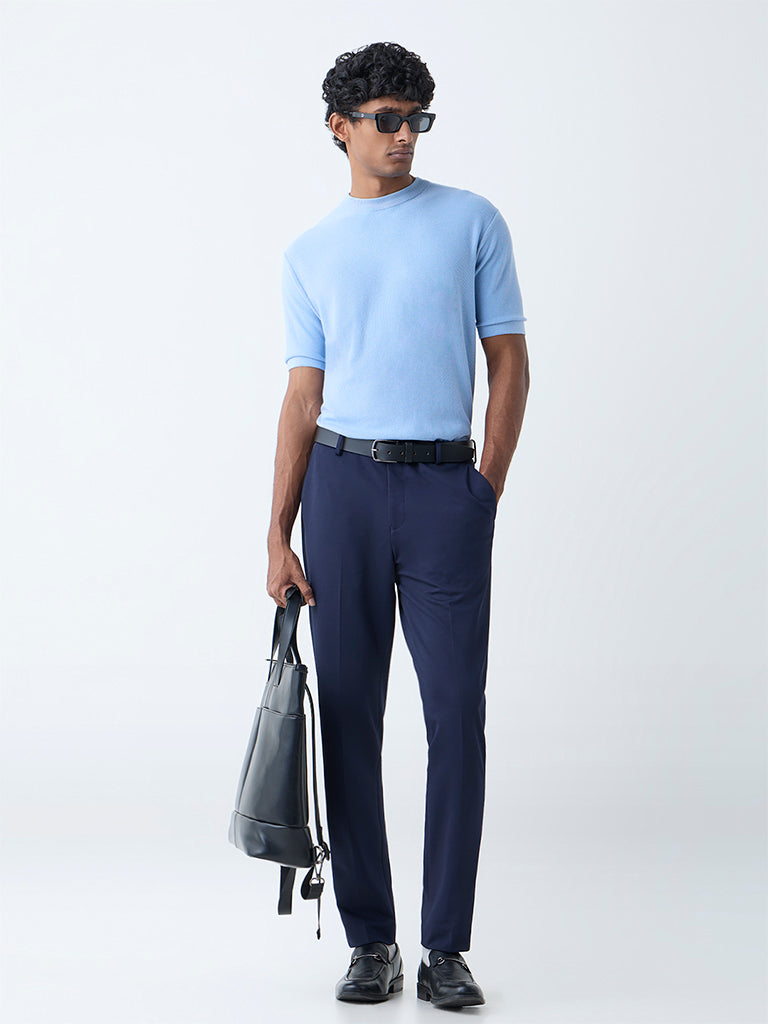 WES Formals Blue Knitted Slim-Fit T-Shirt