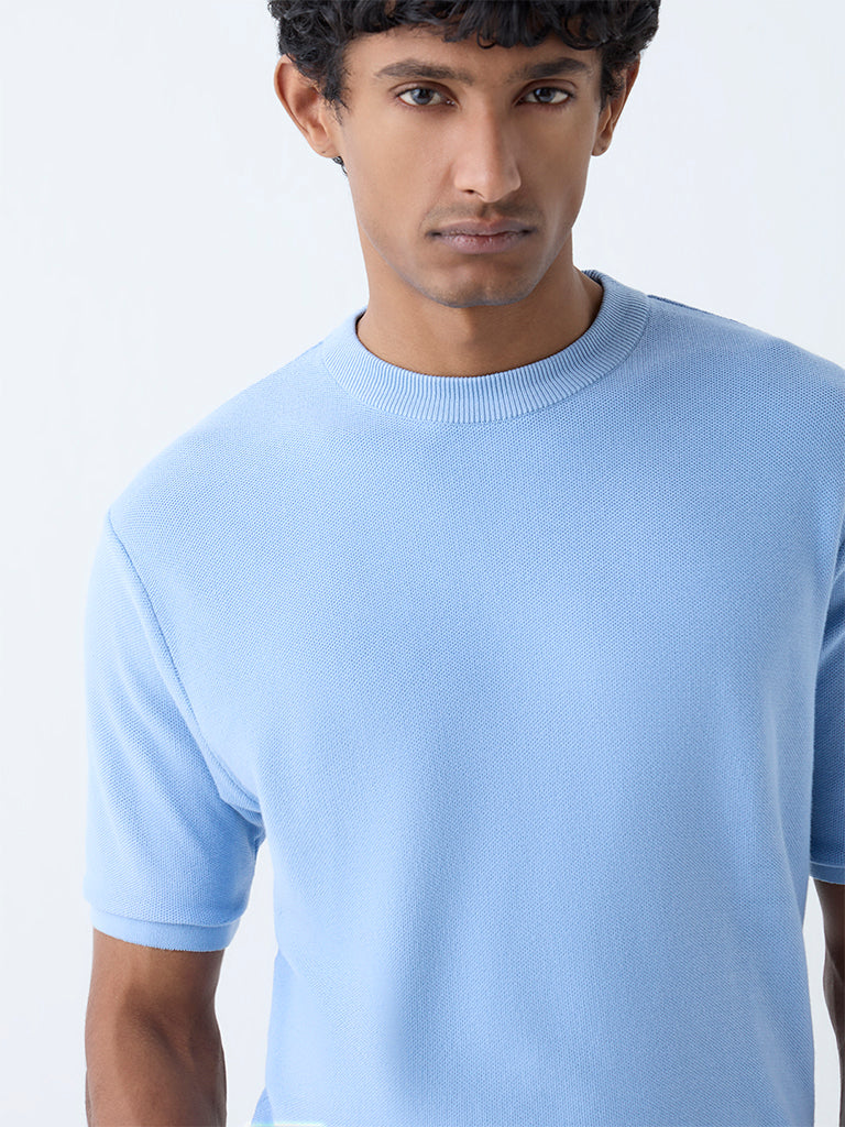 WES Formals Blue Knitted Slim-Fit T-Shirt