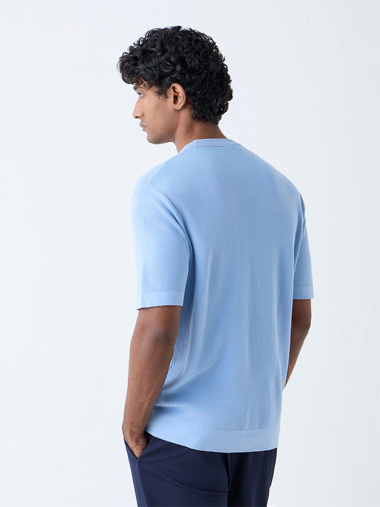 WES Formals Blue Knitted Slim-Fit T-Shirt