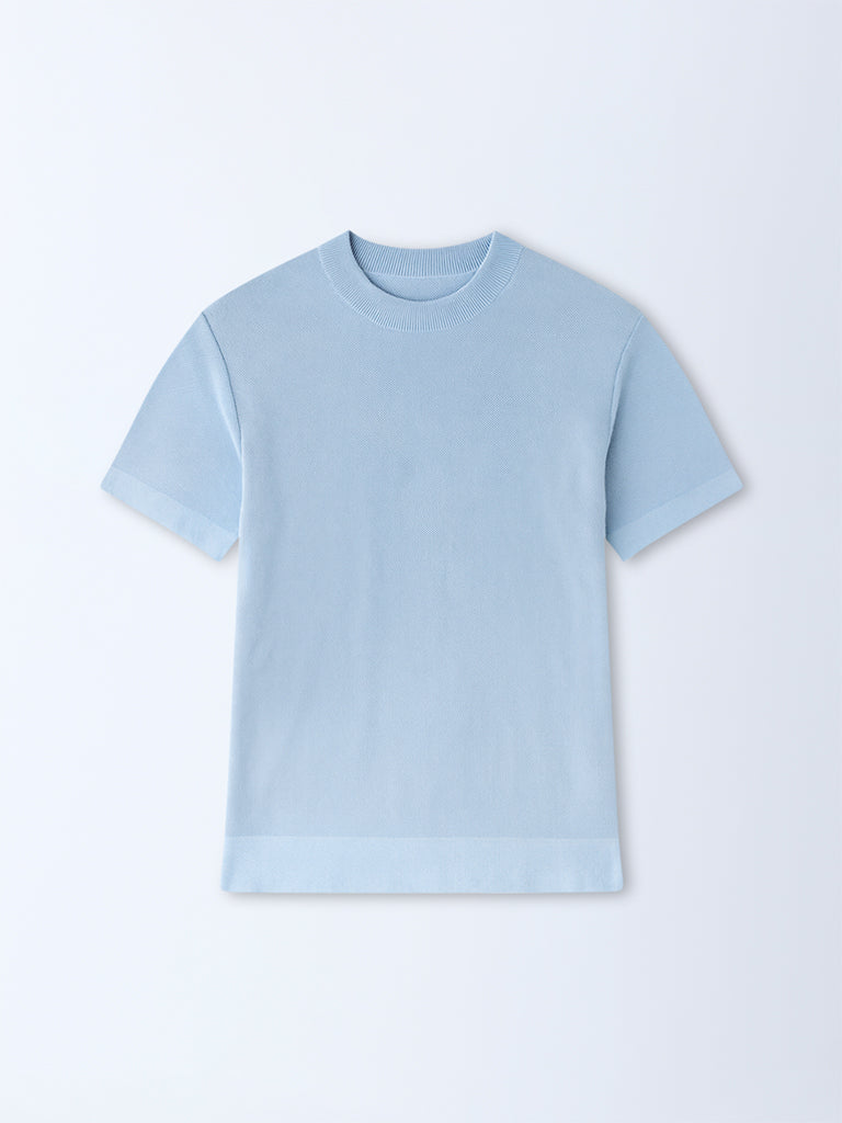 WES Formals Blue Knitted Slim-Fit T-Shirt