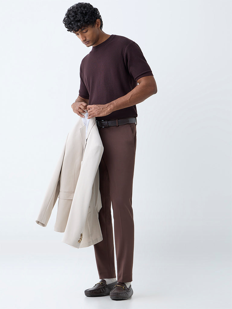 WES Formals Dark Brown Solid Slim-Fit T-Shirt