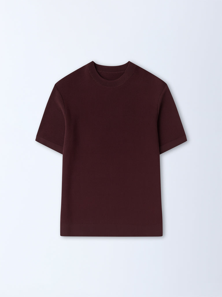 WES Formals Dark Brown Solid Slim-Fit T-Shirt